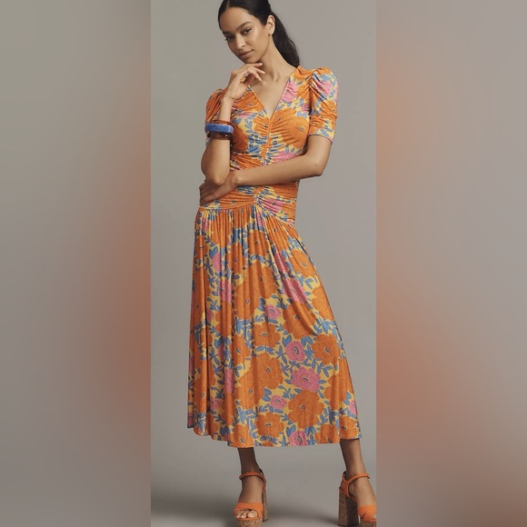 FARM RIO X ANTHROPOLOGIE SHORT-SLEEVE V-NECK RUCHED MIDI DRESS L